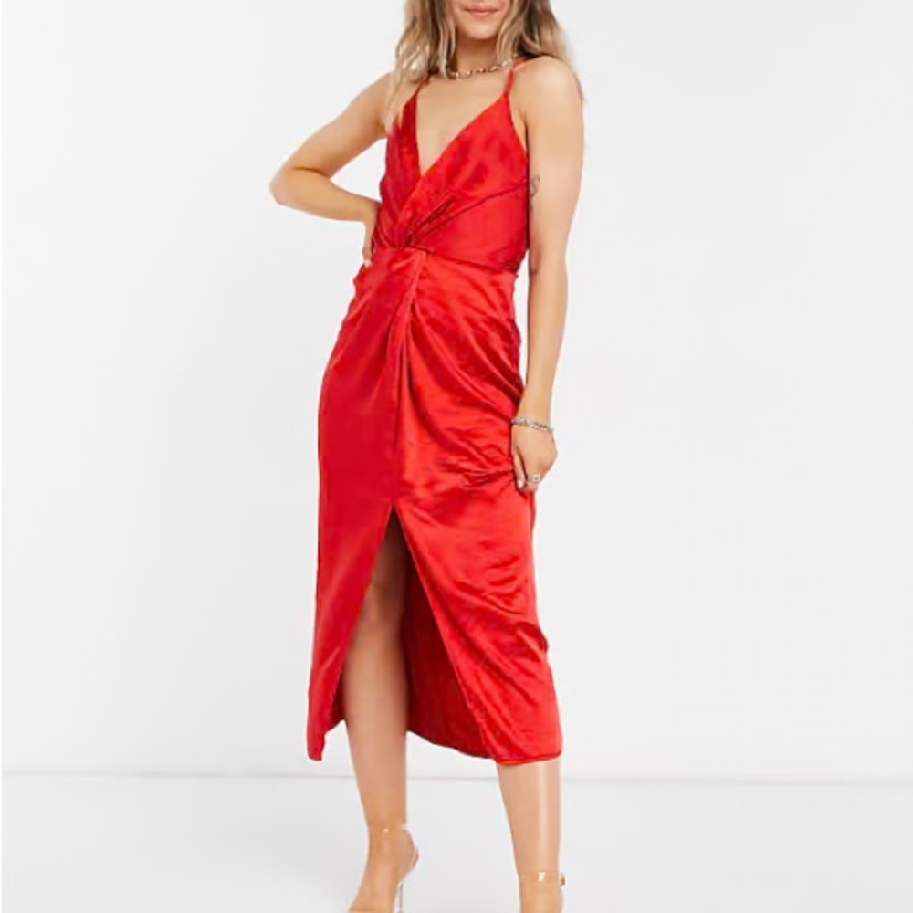 Red Plunge Neck Sleeveless Midi Dress